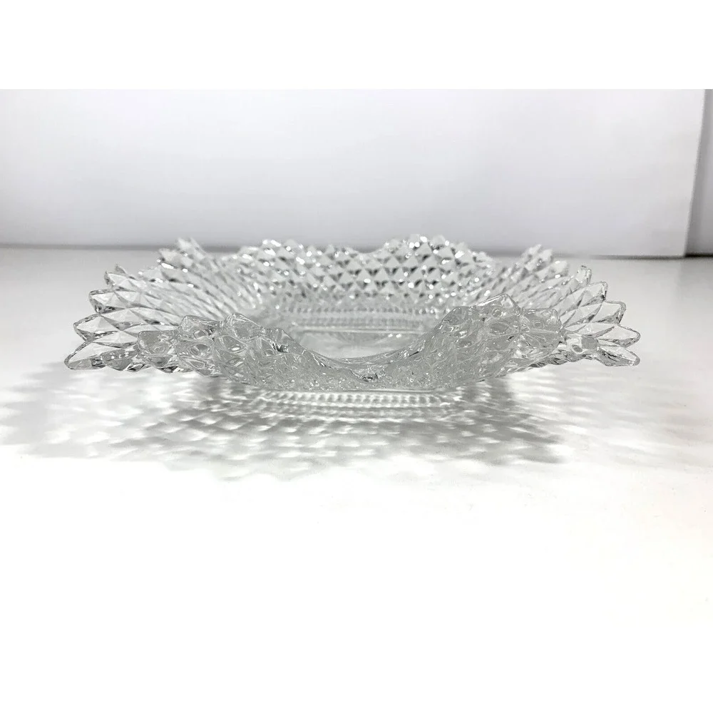 VTG Indiana Glass Clear Diamond Square Point‎ Candy Dish Square 7''x7'' Ruffled